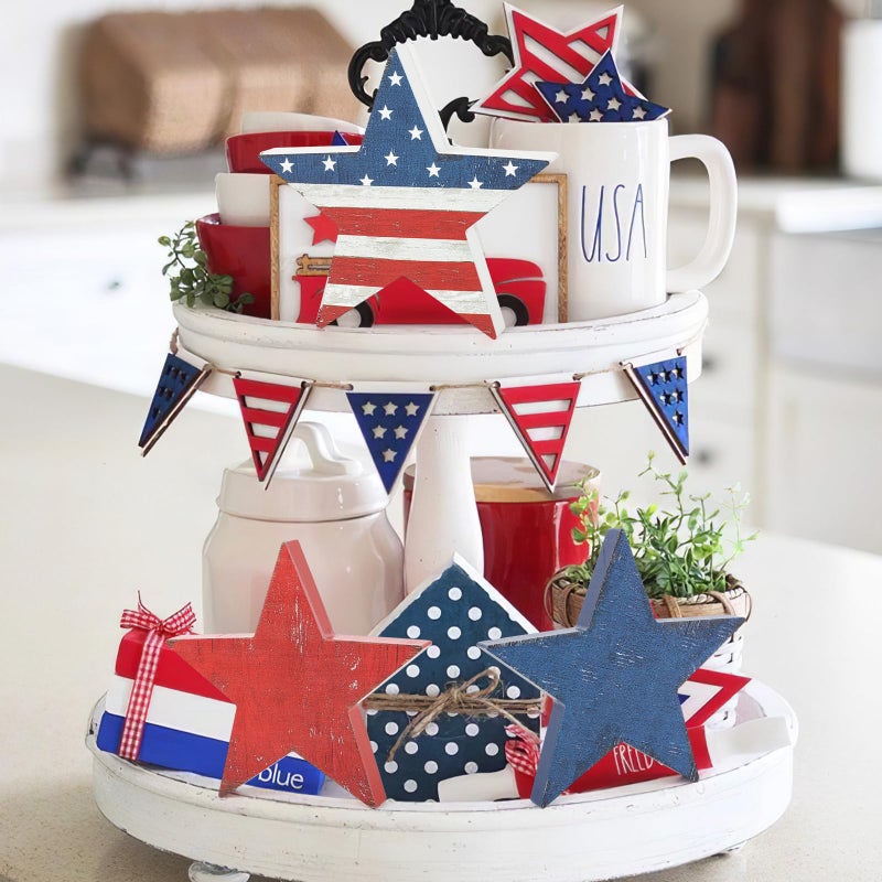Sereliy 3 Pcs 4th of July Wooden Star Signs,Rustic Memorial Day Tiered Tray Decor, American Patriotic Table Decoration for Home Kitchen (Retro) - Image 3